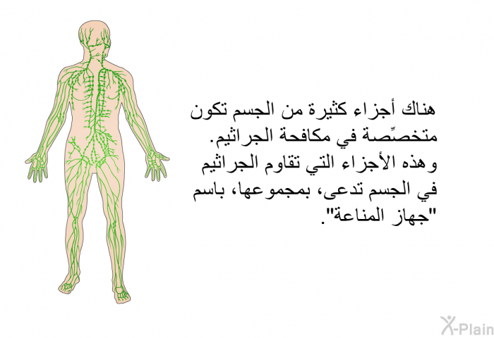 هناك أجزاءٌ كثيرةٌ من الجسم تكون متخصِّصةً في مكافحة الجراثيم. وهذه الأجزاء التي تقاوم الجراثيم في الجسم تدعى، بمجموعها، باسم "جهاز المناعة".