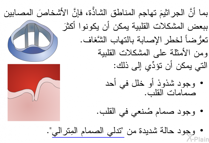 بما أنَّ الجراثيمَ تهاجم المناطق الشاذَّة، فإنَّ الأشخاصَ المصابين ببعض المشكلات القلبية يمكن أن يكونوا أكثرَ تعرُّضاً لخطر الإصابة بالالتهاب الشَّغاف. ومن الأمثلة على المشكلات القلبية التي يمكن أن تؤدِّي إلى ذلك:   وجود شذوذ أو خلل في أحد صمامات القلب.  وجود صمام صُنعي في القلب.  وجود حالة شديدة من "تدلي الصمام المِترالي".