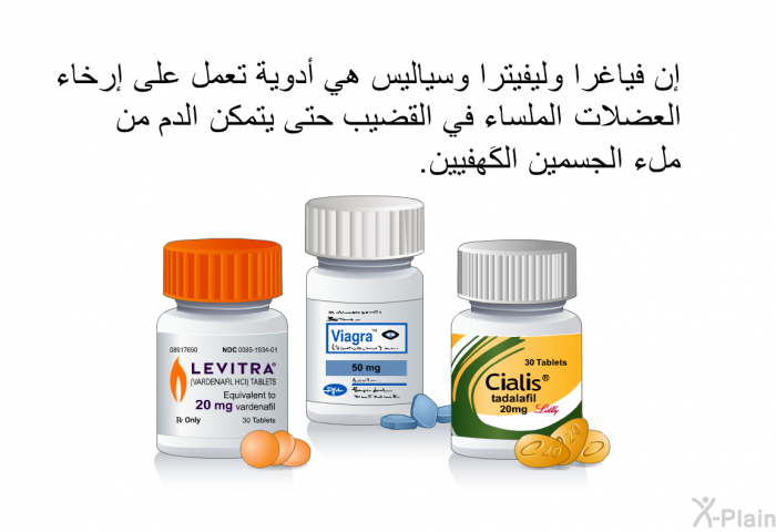 إن فياغرا وليفيترا وسياليس هي أدوية تعمل على إرخاء العضلات الملساء في القضيب حتى يتمكن الدم من ملء الجسمين الكَهفيين<B>. </B>
