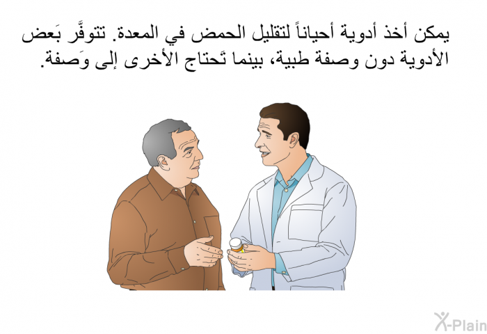 يمكن أخذ أدوية أحياناً لتقليل الحمض في المعدة. تتوفَّر بَعض الأدوية دون وصفة طبية، بينما تَحتاج الأخرى إلى وَصفة.