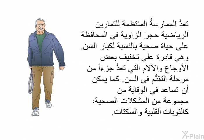 تعدُّ الممارسةُ المنتظمة للتمارين الرياضية حجرَ الزاوية في المحافظة على حياة صحية بالنسبة لكبار السن. وهي قادرة على تخفيف بعض الأوجاع والآلام التي تعدُّ جزءاً من مرحلة التقدُّم في السن. كما يمكن أن تساعد في الوقاية من مجموعة من المشكلات الصحية، كالنوبات القلبية والسكتات.