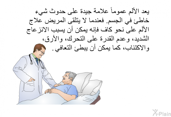 يعد الألم عموماً علامة جيدة على حدوث شيء خاطئ في الجسم. فعندما لا يتلقى المريض علاج الألم على نحو كاف فإنه يمكن أن يسبب الانزعاج الشديد، وعدم القدرة على التحرك، والأرق، والاكتئاب، كما يمكن أن يبطئ التعافي.