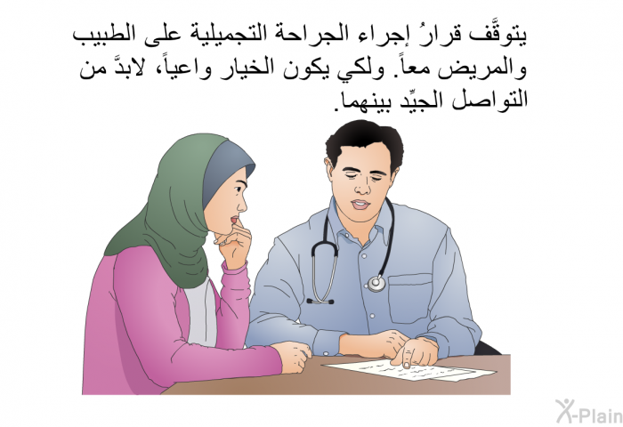 يتوقَّف قرارُ إجراء الجراحة التجميلية على الطبيب والمريض معاً. ولكي يكون الخيار واعياً، لابدَّ من التواصل الجيِّد بينهما.