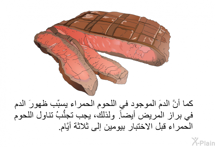 كما أنَّ الدمَ الموجود في اللحوم الحمراء يسبِّب ظهورَ الدم في براز المريض أيضاً. ولذلك، يجب تجنُّبُ تناول اللحوم الحمراء قبل الاختبار بيومين إلى ثلاثة أيَّام.