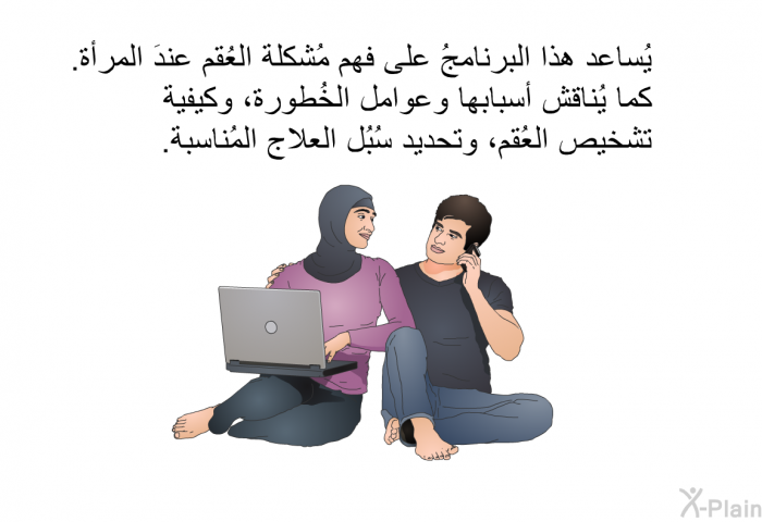 تساعد هذه المعلومات الصحية على فهم مُشكلة العُقم عندَ المرأة. كما تناقش أسبابها وعوامل الخُطورة، وكيفيةً تشخيص العُقم، وتحديد سُبُل العلاج المُناسبة.