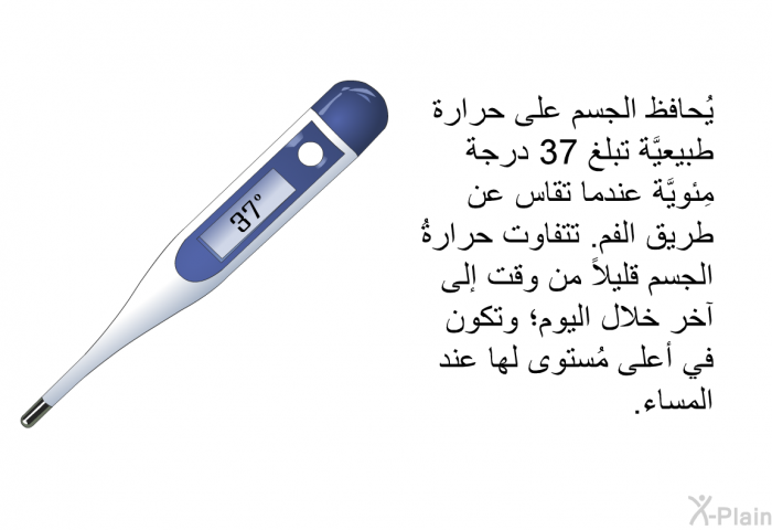 يُحافظ الجسم على حرارة طبيعيَّة تبلغ 37 درجة مِئويَّة عندما تقاس عن طريق الفم. تتفاوت حرارةُ الجسم قليلاً من وقت إلى آخر خلال اليوم؛ وتكون في أعلى مُستوى لها عند المساء.