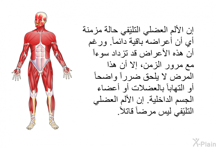 إن الألم العضلي التليّفي حالة مزمنة أي أن أعراضه باقية دائماً. ورغم أن هذه الأعراض قد تزداد سوءاً مع مرور الزمن، إلا أن هذا المرض لا يلحق ضرراً واضحاً أو التهاباً بالعضلات أو أعضاء الجسم الداخلية. إن الألم العضلي التليّفي ليس مرضاً قاتلاً.