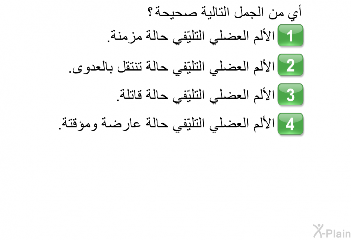 أي من الجمل التالية صحيحة؟  الألم العضلي التليّفي حالة مزمنة. الألم العضلي التليّفي حالة تنتقل بالعدوى. الألم العضلي التليّفي حالة قاتلة. الألم العضلي التليّفي حالة عارضة ومؤقتة.