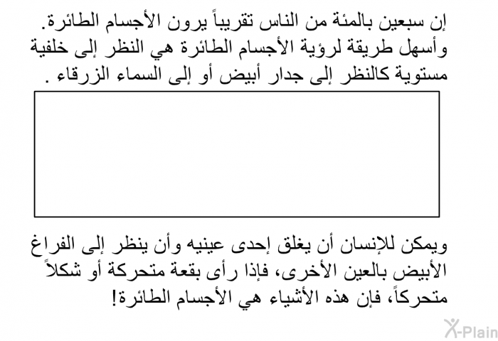 إن سبعين بالمئة من الناس تقريباً يرون الأجسام الطائرة . وأسهل طريقة لرؤية الأجسام الطائرة هي النظر إلى خلفية مستوية كالنظر إلى جدار أبيض أو إلى السماء الزرقاء. ويمكن للإنسان أن يغلق إحدى عينيه وأن ينظر إلى الفراغ الأبيض بالعين الأخرى، فإذا رأى بقعة متحركة أو شكلاً متحركاً، فإن هذه الأشياء هي الأجسام الطائرة !