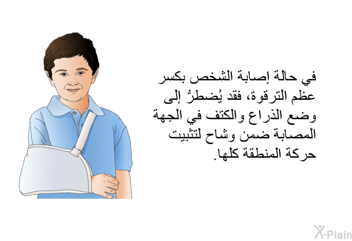 في حالة إصابة الشخص بكسر عظم الترقوة، فقد يُضطرُّ إلى وضع الذراع والكتف في الجهة المصابة ضمن وشاح لتثبيت حركة المنطقة كلِّها.