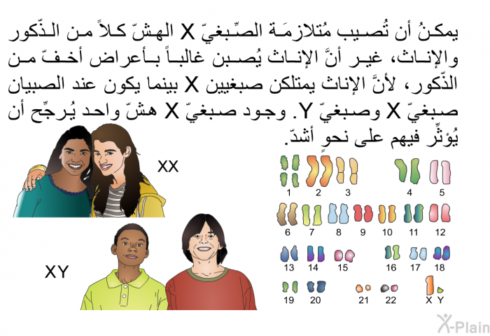 يمكنُ أن تُصيب مُتلازمَة الصِّبغيّ X الهشّ كلاً من الذّكور والإناث، غير أنَّ الإناث يُصبن غالباً بأعراض أخفّ من الذّكور، لأنَّ الإناث يمتلكن صبغيين X بينما يكون عند الصبيان صبغيّ X وصبغيّ Y. وجود صبغيّ X هشّ واحد يُرجِّح أن يُؤثِّر فيهم على نحوٍ أشدّ.