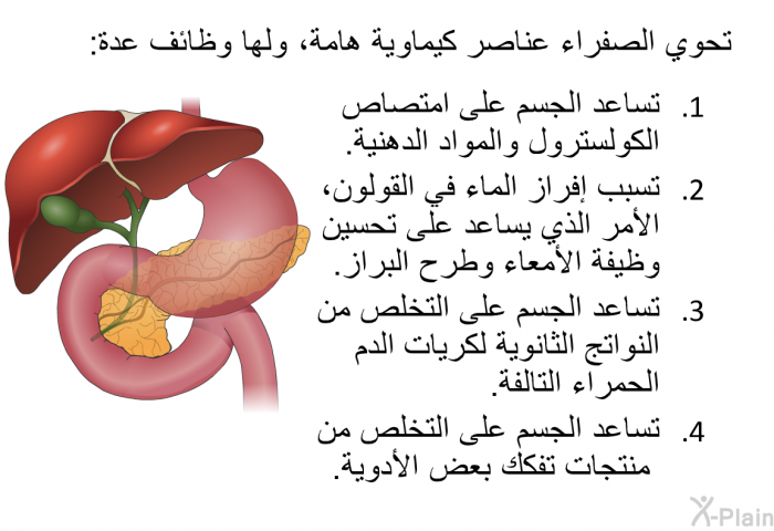 تحوي الصفراء عناصر كيماوية هامة، ولها وظائف عدة:  تساعد الجسم على امتصاص الكولسترول والمواد الدهنية. تسبب إفراز الماء في القولون، الأمر الذي يساعد على تحسين وظيفة الأمعاء وطرح البراز. تساعد الجسم على التخلص من النواتج الثانوية لكريات الدم الحمراء التالفة. تساعد الجسم على التخلص من منتجات تفكك بعض الأدوية.