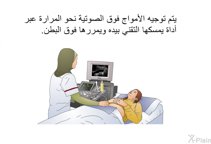 يتم توجيه الأمواج فوق الصوتية نحو المرارة عبر أداة يمسكها التقني بيده ويمررها فوق البطن.