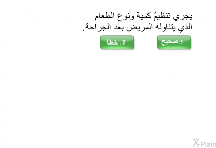 يجري تنظيمُ كمية ونوع الطعام الذي يتناوله المريض بعد الجراحة.