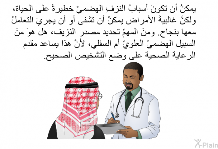 يمكنُ أن تكونَ أسبابُ النزفِ الهضميِّ خطيرةً على الحياة، ولكنَّ غالبيةَ الأمراضِ يمكنُ أن تشفى أو أن يجريَ التعاملُ معها بنجاح. ومنَ المهمِّ تحديدَ مصدرِ النزيف، هل هوَ منَ السبيلِ الهضميِّ العلويِّ أم السفلي، لأنَّ هذا يساعد مقدم الرعاية الصحية على وضعِ التشخيصِ الصحيح.