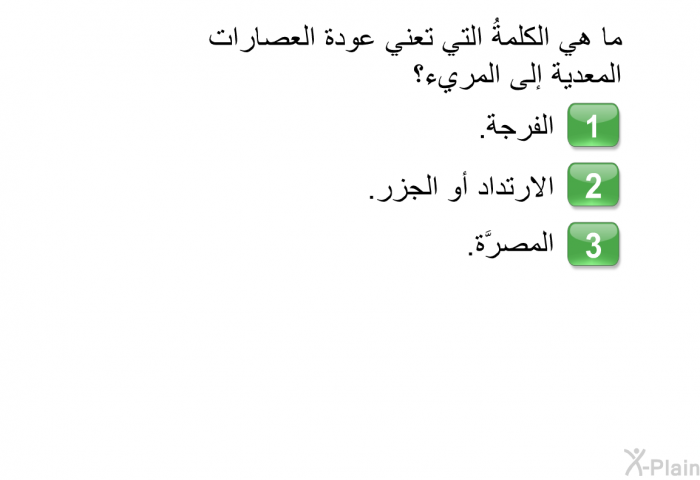 ما هي الكلمةُ التي تعني عودة العصارات المعدية إلىإلى المريء؟   الفرجة.  الارتداد أو الجزر. المصرَّة.