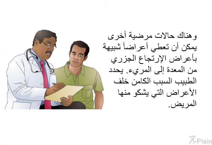 وهناك حالات مرضية أخرى يمكن أن تعطي أعراضاً شبيهة بأعراض الإرتجاع الجزري من المعدة إلى المريء. يحدد الطبيب السبب الكامن خلف الأعراض التي يشكو منها المريض.