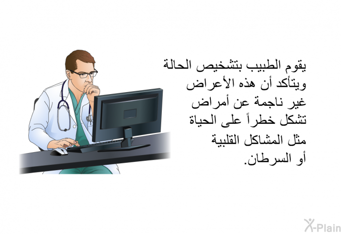 يقوم الطبيب بتشخيص الحالة ويتأكد أن هذه الأعراض غير ناجمة عن أمراض تشكل خطراً على الحياة مثل المشاكل القلبية أو السرطان.