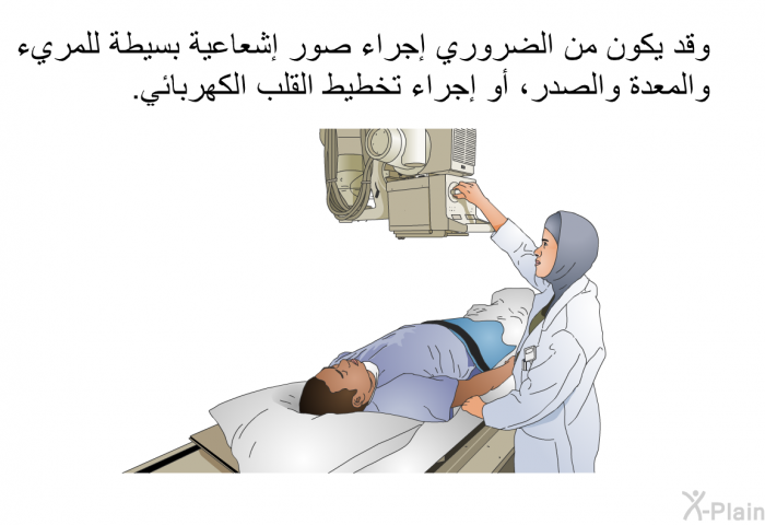 وقد يكون من الضروري إجراء صور إشعاعية بسيطة للمريء والمعدة والصدر، أو إجراء تخطيط القلب الكهربائي.