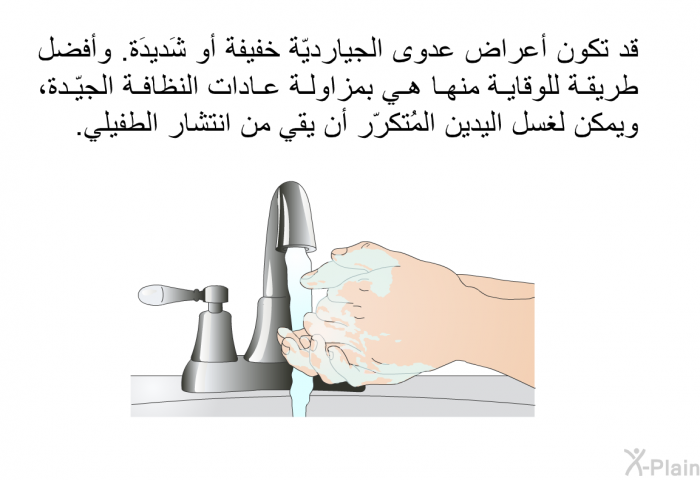 قد تكون أعراض عدوى الجيارديّة خفيفة أو شَديدَة. وأفضل طريقة للوقاية منها هي بمزاولة عادات النظافة الجيّدة، ويمكن لغسل اليدين المُتكرّر أن يقي من انتشار الطفيلي.
