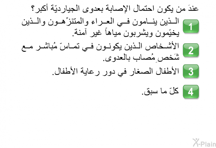 عندَ من يكون احتمال الإصابة بعدوى الجيارديّة أكبر؟  الذين ينامون في العراء والمتنزِّهون والذين يخيّمون ويشربون مياهاً غير آمنة. الأشخاص الذين يكونون في تماسّ مُباشر مع شَخصِ مُصاب بالعدوى. الأطفال الصغار في دور رعاية الأطفال. كلّ ما سبق.