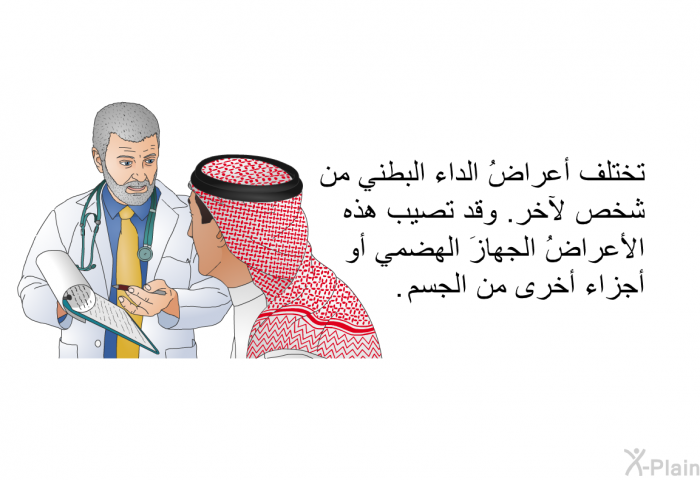 تختلف أعراضُ الداء البطني من شخص لآخر. وقد تصيب هذه الأعراضُ الجهازَ الهضمي أو أجزاء أخرى من الجسم.