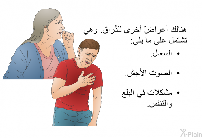 هنالك أعراضٌ أخرى للدُّراق. وهي تشتمل على ما يلي:  السعال. الصوت الأجش. مشكلات في البلع والتنفس.