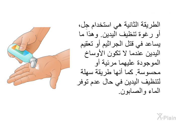 الطريقة الثانية هي استخدام جِل، أو رغوة تنظيف اليدين. وهذا ما يساعد في قتل الجراثيم أو تعقيم اليدين عندما لا تكون الأوساخ الموجودة عليهما مرئية أو محسوسة. كما أنها طريقة سهلة لتنظيف اليدين في حال عدم توفر الماء والصابون.