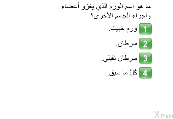 ما هو اسم الورم الذي يغزو أعضاء وأجزاء الجسم الأُخرى؟   ورم خبيث.  سرطان.  سرطان نقيلي.  كُلُّ ما سبق.