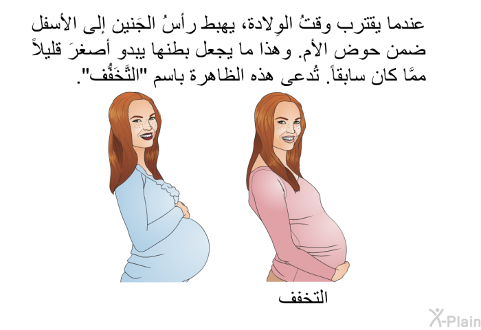 عندما يقترب وقتُ الوِلادة، يهبط رأسُ الجَنين إلى الأسفل ضمن حوض الأم. وهذا ما يجعل بطنها يبدو أصغرَ قليلاً ممَّا كان سابقاً. تُدعى هذه الظاهرة باسم "التَّخَفُّف".