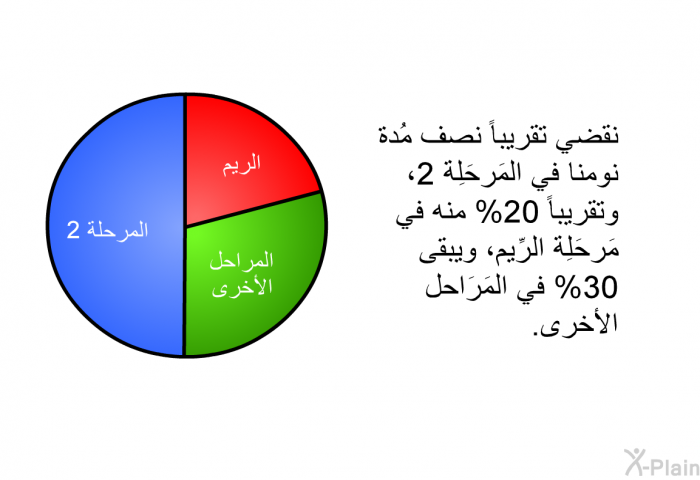 نقضي تقريباً نصف مُدة نومنا في المَرحَلِة 2، وتقريباً 20% منه في مَرحَلِة الرِّيم، ويبقى 30% في المَرَاحل الأخرى.