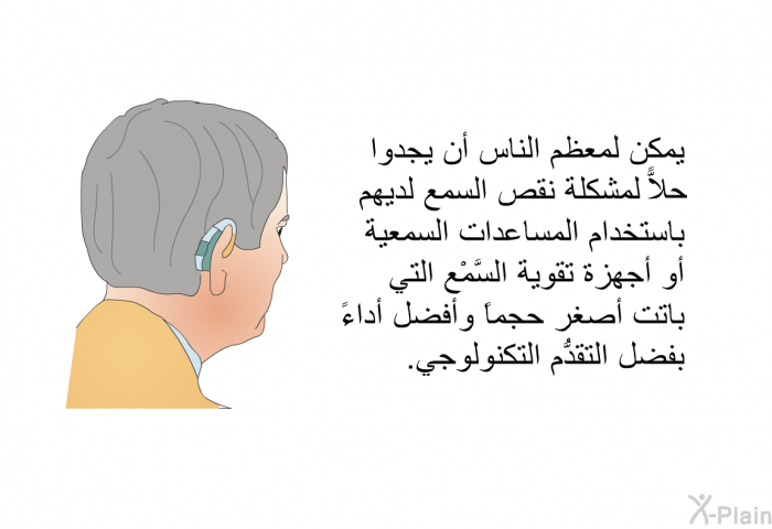 يمكن لمعظم الناس أن يجدوا حلاًّ لمشكلة نقص السمع لديهم باستخدام المُساعِدات السمعية أو أجهزة تقوية السَّمْع التي باتت أصغر حجماً وأفضل أداءً بفضل التقدُّم التكنولوجي.