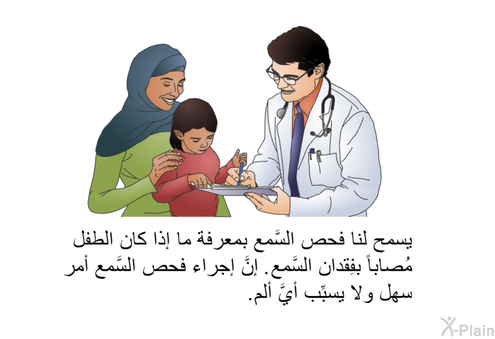 يسمح لنا فحص السَّمع بمعرفة ما إذا كان الطفل مُصاباً بفِقدان السَّمع. إنَّ إجراء فحص السَّمع أمر سهل ولا يسبِّب أيَّ ألم.