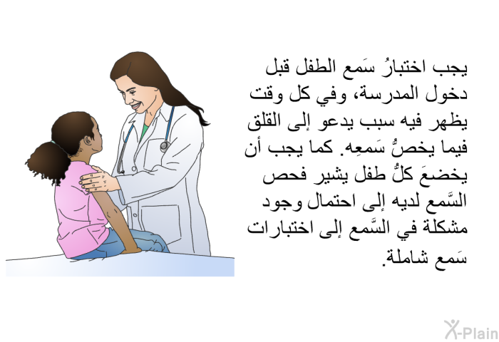 يجب اختبارُ سَمع الطفل قبل دخول المدرسة، وفي كل وقت يظهر فيه سبب يدعو إلى القلق فيما يخصُّ سَمعِه. كما يجب أن يخضعَ كلُّ طفل يشير فحص السَّمع لديه إلى احتمال وجود مشكلة في السَّمع إلى اختبارات سمع شاملة.