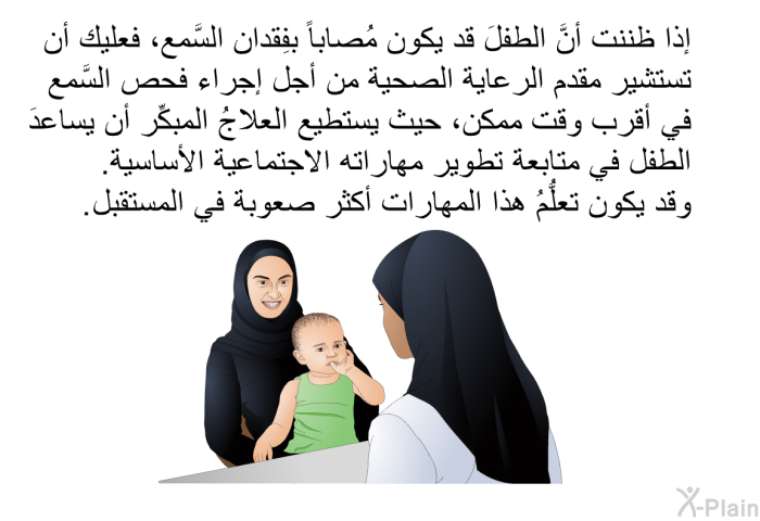 إذا ظننت أنَّ الطفلَ قد يكون مُصاباً بفِقدان السَّمع، فعليك أن تستشير مقدم الرعاية الصحية من أجل إجراء فحص السَّمع في أقرب وقت ممكن، حيث يستطيع العلاجُ المبكِّر أن يساعدَ الطفل في متابعة تطوير مهاراته الاجتماعية الأساسية. وقد يكون تعلُّمُ هذا المهارات أكثر صعوبة في المستقبل.