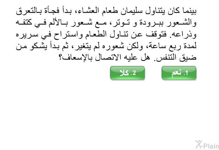 بينما كان يتناول سليمان طعام العشاء، بدأ فجأة بالتعرق والشعور ببرودة و توتر، مع شعور بالألم في كتفه وذراعه. فتوقف عن تناول الطعام واستراح في سريره لمدة ربع ساعة، ولكن شعوره لم يتغير، ثم بدأ يشكو من ضيق التنفس. هل عليه الاتصال بالإسعاف؟