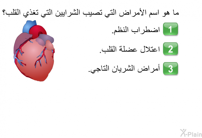 ما هو اسم الأمراض التي تصيب الشرايين التي تغذي القلب؟   اضطراب النظم.  اعتلال عضلة القلب. أمراض الشريان التاجي.