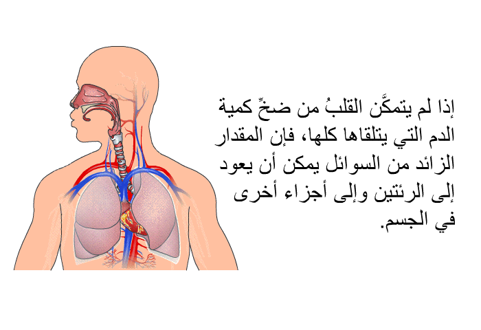 إذا لم يتمكَّن القلبُ من ضخِّ كمية الدم التي يتلقاها كلها، فإن المقدار الزائد من السوائل يمكن أن يعود إلى الرئتين وإلى أجزاء أخرى في الجسم.