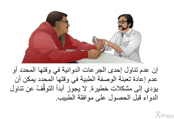 إن عدم تناول إحدى الجرعات الدوائية في وقتها المحدد أو عدم إعادة تعبئة الوصفة الطبية في وقتها المحدد يمكن أن يؤدي إلى مشكلات خطيرة. لا يجوز أبداً التوقُّفُ عن تناول الدواء قبل الحصول على موافقة الطبيب.