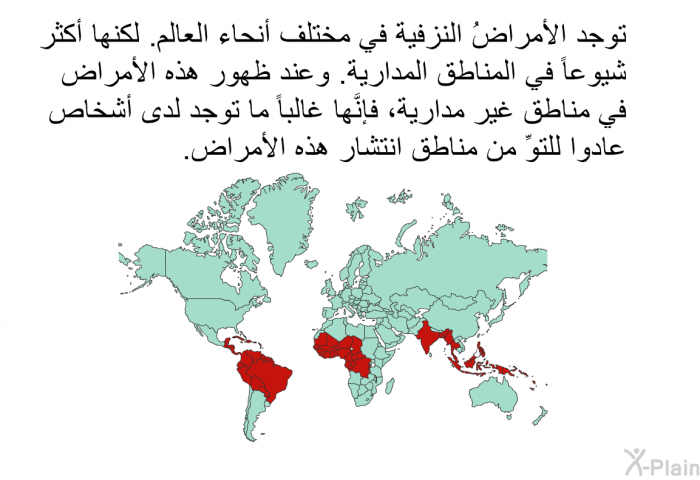 توجد الأمراضُ النزفية في مختلف أنحاء العالم. لكنها أكثر شيوعاً في المناطق المدارية. وعند ظهور هذه الأمراض في مناطق غير مدارية، فإنَّها غالباً ما توجد لدى أشخاص عادوا للتوِّ من مناطق انتشار هذه الأمراض.