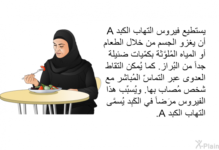 يستطيع فيروس التهاب الكبد A أن يغزو الجسم من خلال الطعام أو المياه المُلوَّثة بكمِّيات ضئيلة جداً من البُراز. كما يُمكن التقاط العدوى عبر التماسِّ المُباشر مع شخص مُصاب بها. ويُسبِّب هذا الفيروس مرَضاً في الكَبِد يُسمَّى التهاب الكبد A.