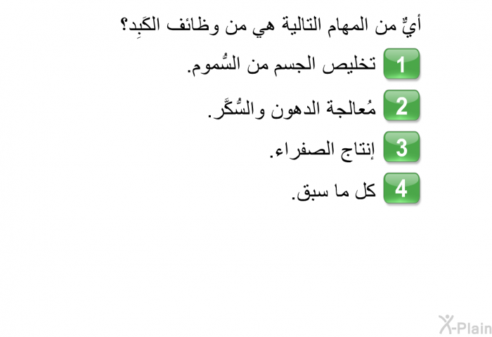 أيٌّ من المهام التالية هي من وظائف الكَبِد؟   تخليص الجسم من السُّموم.  مُعالجة الدهون والسُّكَّر.  إنتاج الصفراء. كل ما سبق.