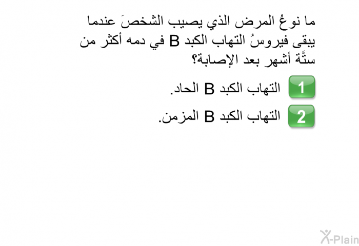 ما نوعُ المرض الذي يصيب الشخصَ عندما يبقى فيروسُ التهاب الكبد B في دمه أكثر من ستَّة أشهر بعد الإصابة؟  التهاب الكبد B الحاد. التهاب الكبد B المزمن.