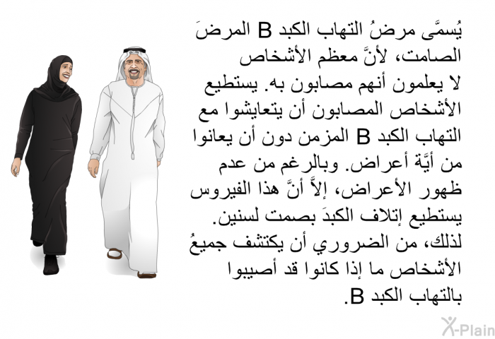 يُسمَّى مرضُ التهاب الكبد B المرضَ الصامت، لأنَّ معظم الأشخاص لا يعلمون أنهم مصابون به. يستطيع الأشخاص المصابون أن يتعايشوا مع التهاب الكبد B المزمن دون أن يعانوا من أيَّة أعراض. وبالرغم من عدم ظهور الأعراض، إلاَّ أنَّ هذا الفيروس يستطيع إتلاف الكبدَ بصمت لسنين. لذلك، من الضروري أن يكتشف جميعُ الأشخاص ما إذا كانوا قد أصيبوا بالتهاب الكبد B.