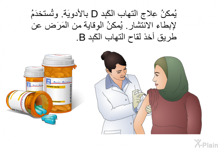يُمكنُ عِلاج التهاب الكَبِد D بالأدويَة. وتُستخدَمُ لإبطاء الانتشار. يُمكنُ الوِقاية من المَرَض عن طريق أخذ لقاح التهاب الكَبِد B.