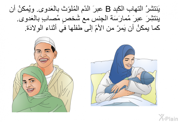 يَنتشرُ التهاب الكَبِد B عبرَ الدَّم المُلوّث بالعَدوى. ويُمكنُ أن ينتشِرَ عبرَ مُمارَسَة الجِنس مع شَخصٍ مُصابٍ بالعَدوى. كما يمكنُ أن يَمرَّ من الأمّ إلى طفلها في أثناء الوِلادَة.
