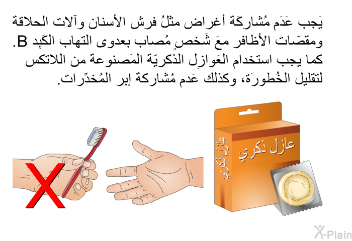 يَجب عَدَم مُشاركَة أغراض مثلُ فرش الأسنان وآلات الحلاقة ومقصّات الأظافر معَ شَخصٍ مُصاب بعدوى التهاب الكَبِد B. كما يجب استخدام العَوازِل الذكريّة المَصنوعة من اللاتكس لتقليل الخُطورَة، وكذلك عَدم مُشاركة إبر المُخدِّرات.