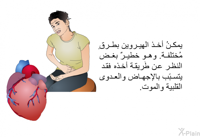 يمكنُ أخذ الهيروين بطرقٍ مُختلفة. وهو خطيرٌ بغض النظر عن طَريقة أخذه، فقد يتسبّب بالإجهاض والعدوى القلبية والموت.