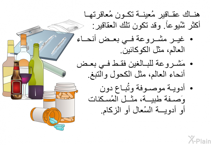 هناك عقاقير مُعينة تكون مُعاقرتها أكثر شُيوعاً. وقد تكون تلك العقاقير:  غير مشروعة في بعض أنحاء العالم، مثل الكوكائين. مَشروعة للبالغين فقط في بعض أنحاء العالم، مثل الكحول والتبغ. أدوية موصوفة وتُباع دون وَصفة طبية، مثل المُسكنات أو أدوية السُعال أو الزكام.