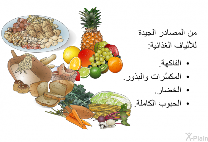 من المصادر الجيدة للألياف الغذائية:  الفاكهة. المكسَّرات والبذور. الخضار. الحبوب الكاملة.